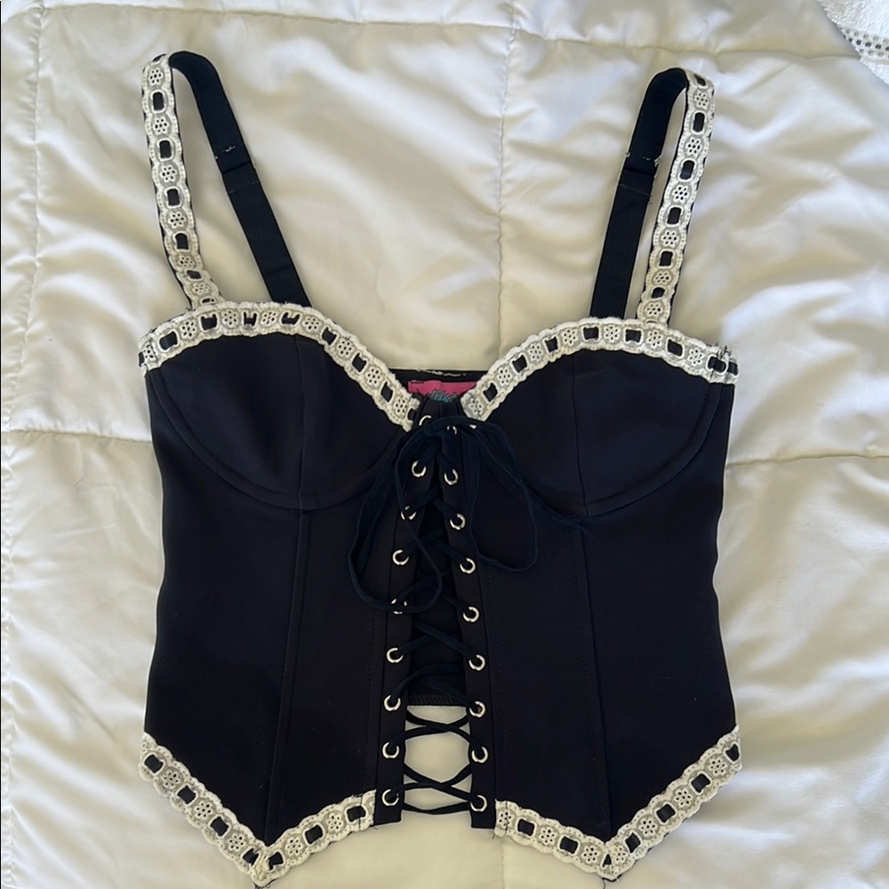 Black Corset Top with Lace Trim
